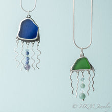 Load image into Gallery viewer, Sea Glass Jellyfish Necklace - Semi Precious Ocean Creature - Silver and Gem Tentacles