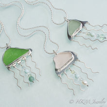 Load image into Gallery viewer, Sea Glass Jellyfish Necklace - Semi Precious Ocean Creature - Silver and Gem Tentacles