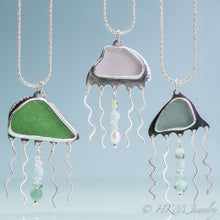 Load image into Gallery viewer, Sea Glass Jellyfish Necklace - Semi Precious Ocean Creature - Silver and Gem Tentacles
