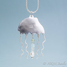 Load image into Gallery viewer, Sea Glass Jellyfish Necklace - Semi Precious Ocean Creature - Silver and Gem Tentacles
