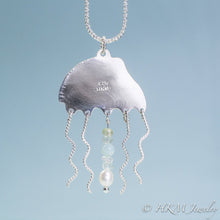 Load image into Gallery viewer, Sea Glass Jellyfish Necklace - Semi Precious Ocean Creature - Silver and Gem Tentacles