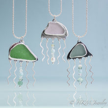 Load image into Gallery viewer, Sea Glass Jellyfish Necklace - Semi Precious Ocean Creature - Silver and Gem Tentacles
