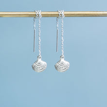 Load image into Gallery viewer, Little Neck Clam Threader Earrings - Cast Silver Shell Drops