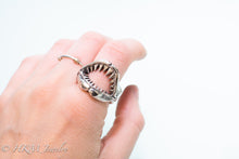 Load image into Gallery viewer, Shark Jaws Ring Band in recycled sterling silver being worn on the hand by hkm jewelry