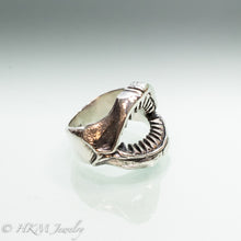Load image into Gallery viewer, Oxidized Shark Jaws Ring Band in recycled sterling silver side view by hkm jewelry