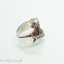 Load image into Gallery viewer, oxidized Shark Jaws Ring Band in recycled sterling silver side view by hkm jewelry