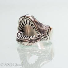 Load image into Gallery viewer, hand carved and lost wax cast Shark Jaws Ring Band in recycled sterling silver front view by hkm jewelry