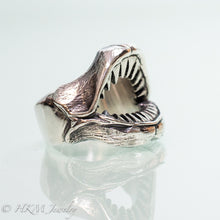 Load image into Gallery viewer, hand carved and cast Shark Jaws Ring Band in recycled sterling silver side view in oxidized finish by hkm jewelry