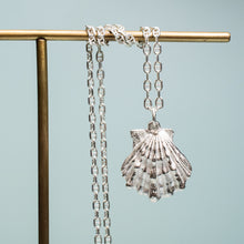 Load image into Gallery viewer, close up of large lions paw scallop shell necklace in polished sterling silver by hkm jewelry