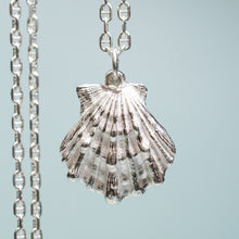 Load image into Gallery viewer, close up of large lions paw scallop shell necklace in polished sterling silver with anchor chain by hkm jewelry