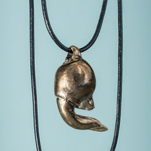 Load image into Gallery viewer, cast bronze oxidized lucky bone horseshoe crab claw necklace on leather cord by hali maclaren of hkm jewelry