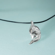Load image into Gallery viewer, cast silver polished lucky bone horseshoe crab claw necklace on leather cord by hali maclaren of hkm jewelry