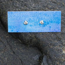 Load image into Gallery viewer, cast silver mini clam shell stud earrings on a watercolor earring card and jetty rock by Hali MacLaren of HKM Jewelry