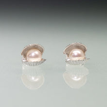 Load image into Gallery viewer, Mini scallop shell stud earrings cast in silver with freshwater pearls inside by Hali MacLaren of HKM Jewelry