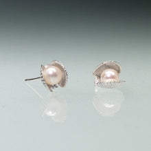 Load image into Gallery viewer, Mini scallop shell stud earrings cast in silver with freshwater pearls inside by Hali MacLaren of HKM Jewelry