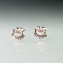 Load image into Gallery viewer, Top View of the Mini scallop shell stud earrings cast in silver with freshwater pearls inside by Hali MacLaren of HKM Jewelry