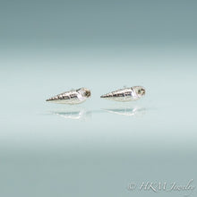 Load image into Gallery viewer, mini auger snail seashell stud earrings close up view in polished sterling silver by hkm jewelry