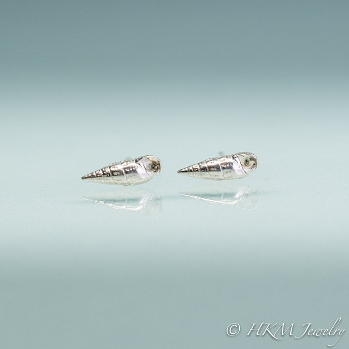 mini auger snail seashell stud earrings close up view in polished sterling silver by hkm jewelry