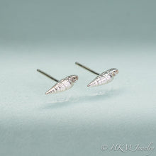 Load image into Gallery viewer, mini auger snail seashell studs with posts close up side view in polished sterling silver by hkm jewelry