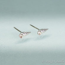 Load image into Gallery viewer, mini auger snail seashell stud earrings close up side view in polished sterling silver by hkm jewelry