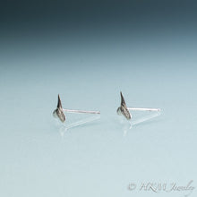 Load image into Gallery viewer, side view of mini lemon shark teeth stud earrings cast in silver by hali maclaren of hkm jewelry