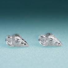 Load image into Gallery viewer, Cast silver Threeline Mudsnail Studs - Mini Silver Nassa Shell Earrings by Hali MacLaren of HKM Jewelry
