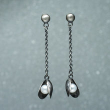 Load image into Gallery viewer, mussel shell dangle earrings with freshwater pearl in oxidized silver by hkm