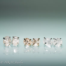 Load image into Gallery viewer, assorted medium size prong set tumble polished cape may diamond stud earrings in sterling or 14k gold by hkm jewelry