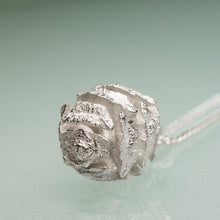 Load image into Gallery viewer, close up of cast pine cone necklace dawn redwood coastal sequoia pinecone in recycled silver by hkm jewelry