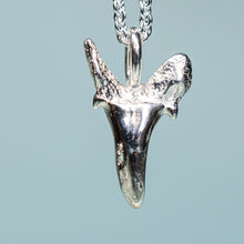 Load image into Gallery viewer, back view of cast sterling silver fossilized sand tiger shark tooth on cable chain by hkm jewelry