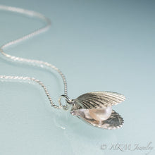 Load image into Gallery viewer, bay scallop shell necklace with freshwater pearl in recycled silver by hkm jewelry