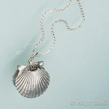 Load image into Gallery viewer, backview of bay scallop shell necklace with freshwater pearl in recycled silver by hkm jewelry