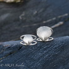 Load image into Gallery viewer, small and large scallop shell ring on a double band in sterling silver by hkm jewelry
