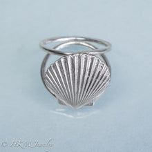 Load image into Gallery viewer, close up angled top view of large scallop shell ring on a double band in sterling silver by hkm jewelry