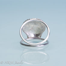 Load image into Gallery viewer, close up underside view of large scallop shell ring on a tapered double band in sterling silver by hkm jewelry