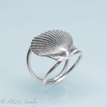 Load image into Gallery viewer, close up angled bottom view of large scallop shell ring on a double band in sterling silver by hkm jewelry