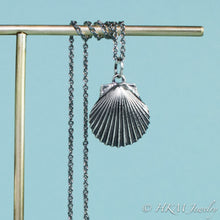 Load image into Gallery viewer, detail close up of Large scallop shell necklace in oxidized sterling silver by hkm jewelry