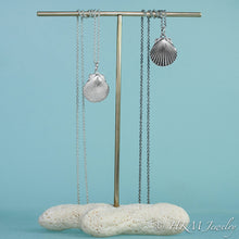 Load image into Gallery viewer, Large scallop shell necklaces in polished or oxidized sterling silver by hkm jewelry
