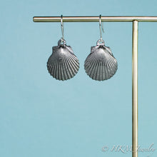 Load image into Gallery viewer, large oxidized scallop shell dangle earrings in sterling silver by hkm jewelry