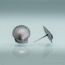 Load image into Gallery viewer, front and side view of small scallop shell studs in oxidized sterling silver by hkm jewelry with sterling posts