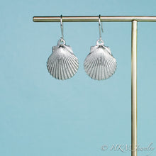 Load image into Gallery viewer,  large polished scallop shell dangle earrings in sterling silver by hkm jewelry