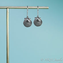 Load image into Gallery viewer, small oxidized scallop shell dangle earrings in sterling silver by hkm jewelry