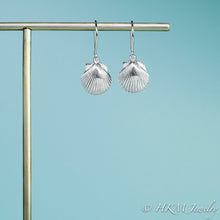 Load image into Gallery viewer, small polished scallop shell dangle earrings in sterling silver by hkm jewelry