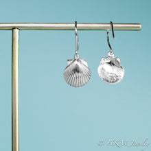 Load image into Gallery viewer, back and front view of the small polished scallop shell dangle earrings in sterling silver by hkm jewelry