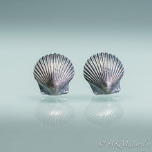Load image into Gallery viewer, front view of small scallop shell studs in oxidized sterling silver by hkm jewelry
