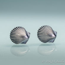 Load image into Gallery viewer, 1/2" top to bottom tiny studs of cast scallop shells in oxidized sterling silver by hkm jewelry