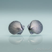 Load image into Gallery viewer, detail close up of small scallop shell stud earrings in oxidized sterling silver by hkm jewelry
