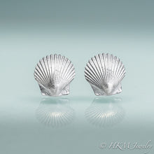 Load image into Gallery viewer, front view of small scallop shell studs in polished sterling silver by hkm jewelry