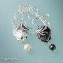 Load image into Gallery viewer, side by side comparison of the scallop pearl necklace in oxidized and polished silver finish with black or white pearl drop by hkm jewelry