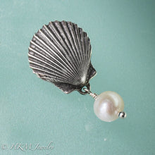 Load image into Gallery viewer, the scallop pearl pendant in oxidized finish with white freshwater pearl drop by hkm jewelry